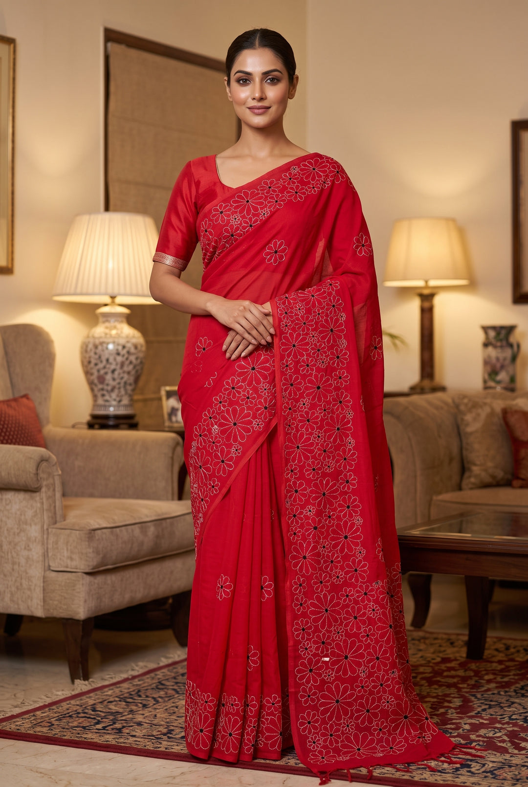 Red Cotton Kantha Work Saree