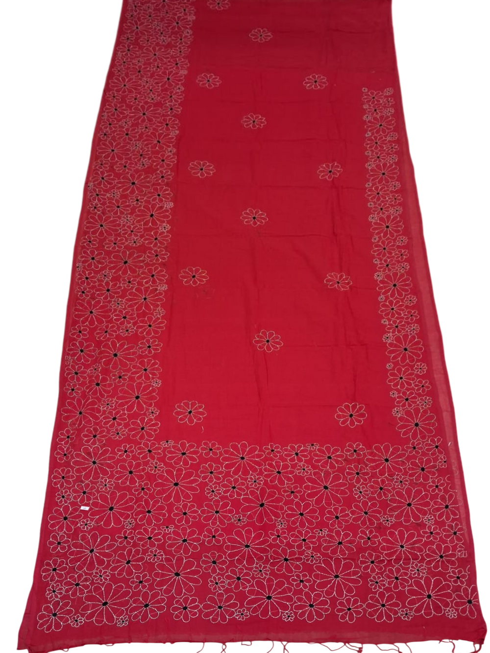 Red Cotton Kantha Work Saree