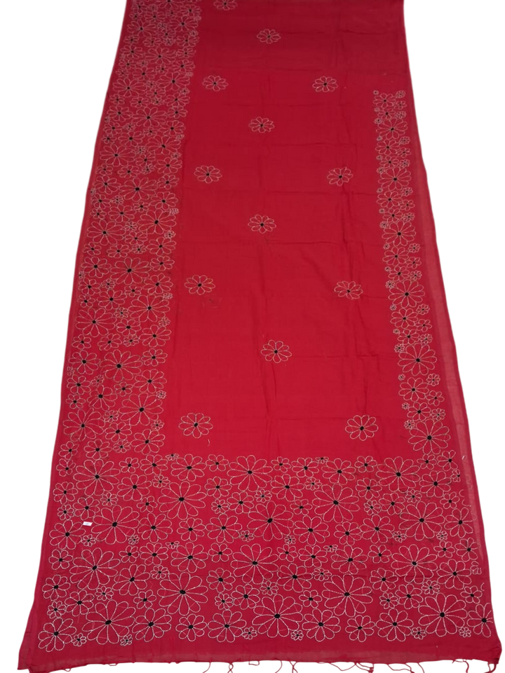 Red Cotton Kantha Work Saree