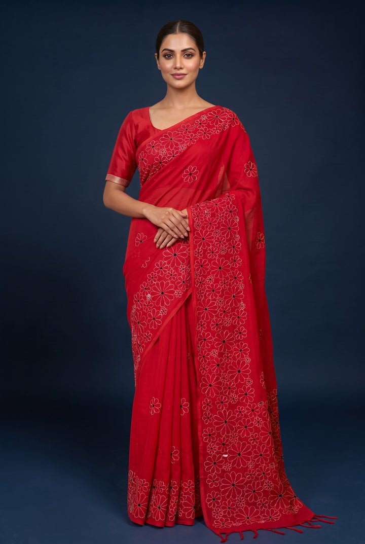 Red Cotton Kantha Work Saree