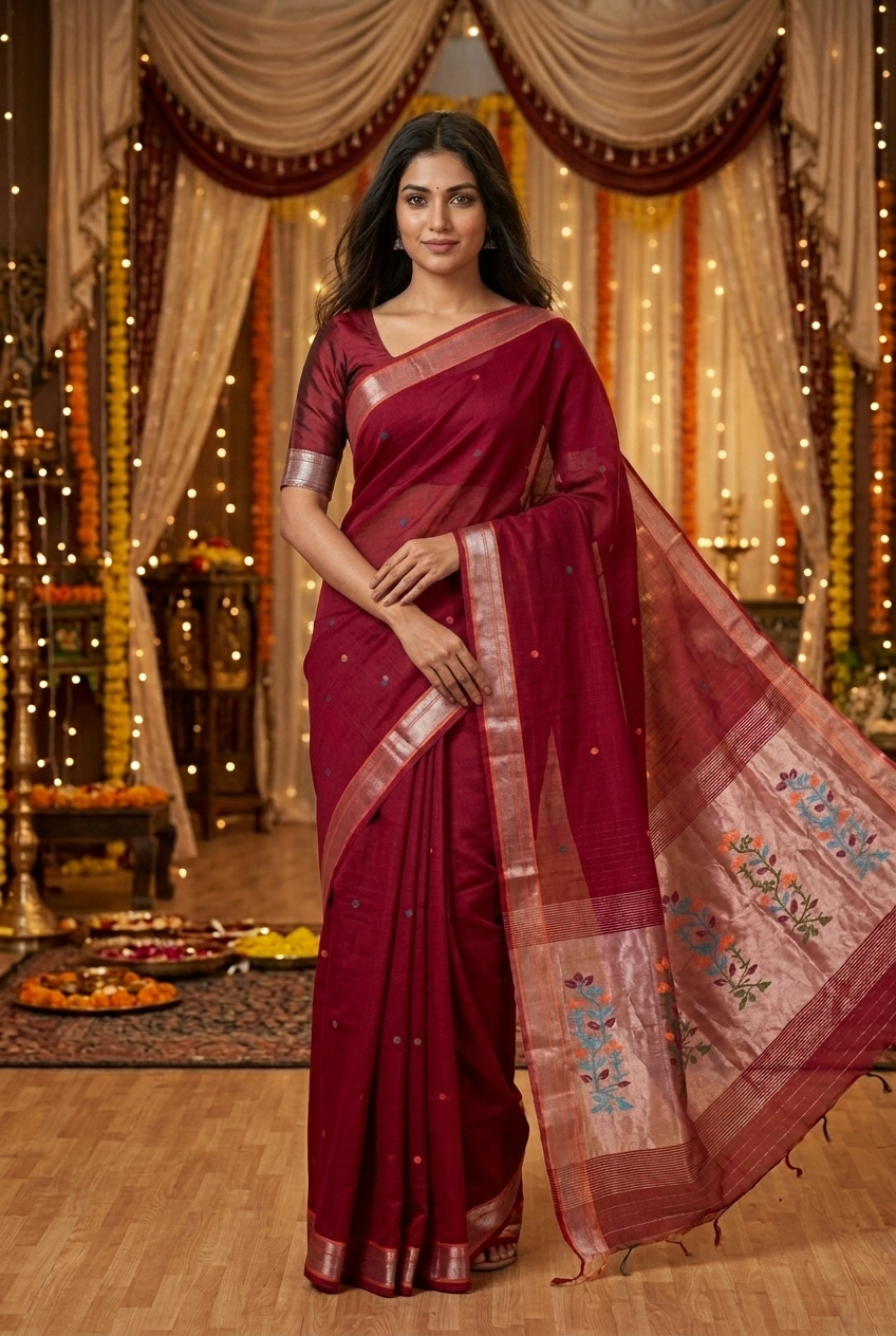 Red Dhakai Cotton Silk Saree