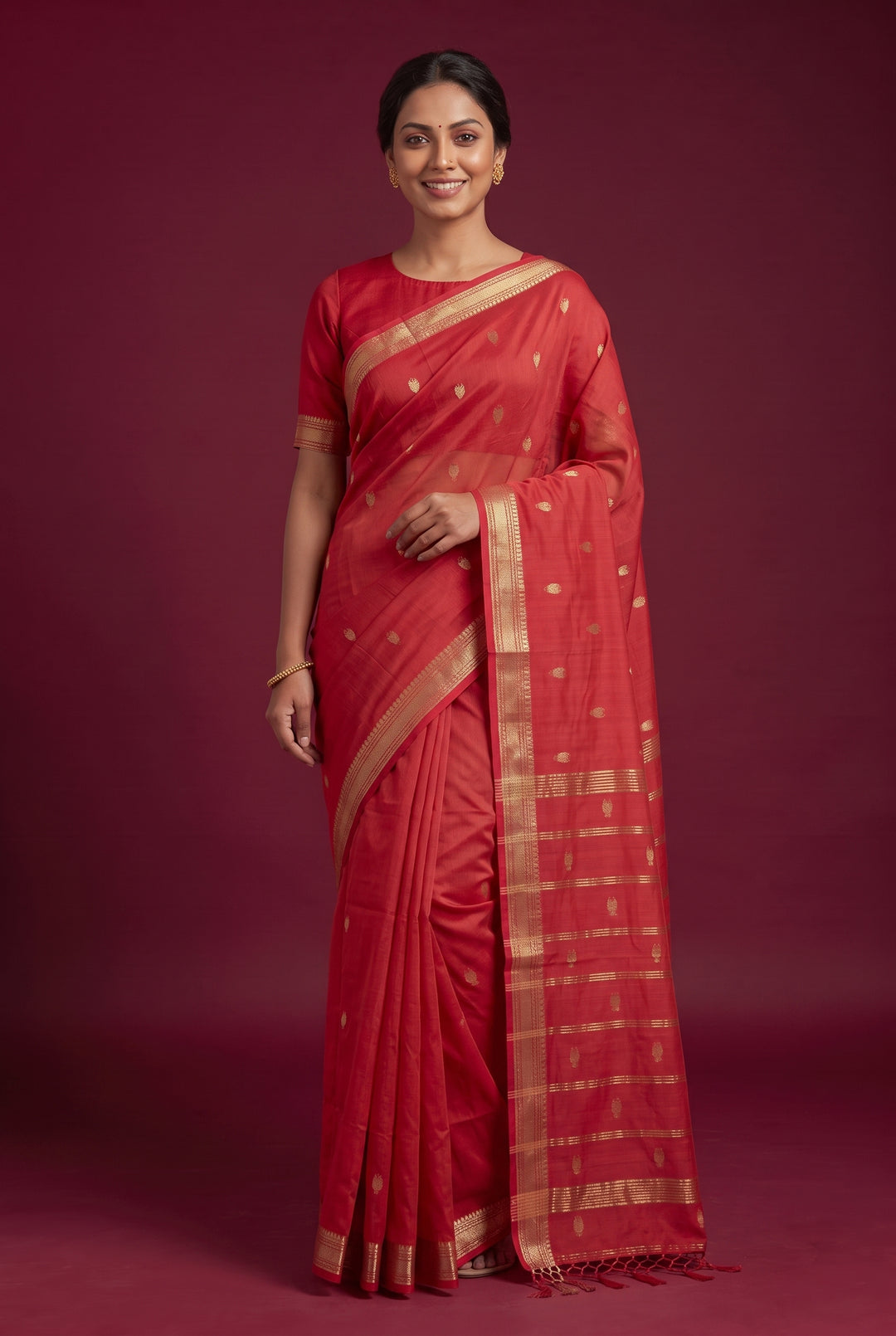 Red Cotton Dhakai Saree