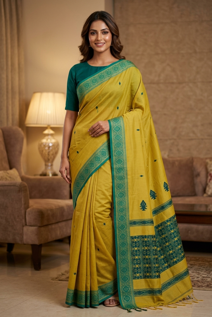 Yellow Cotton Dhakai Saree