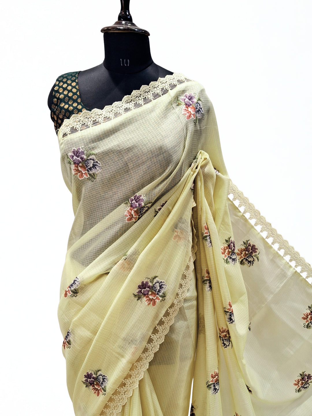 Soft pastel yellow kota doria saree