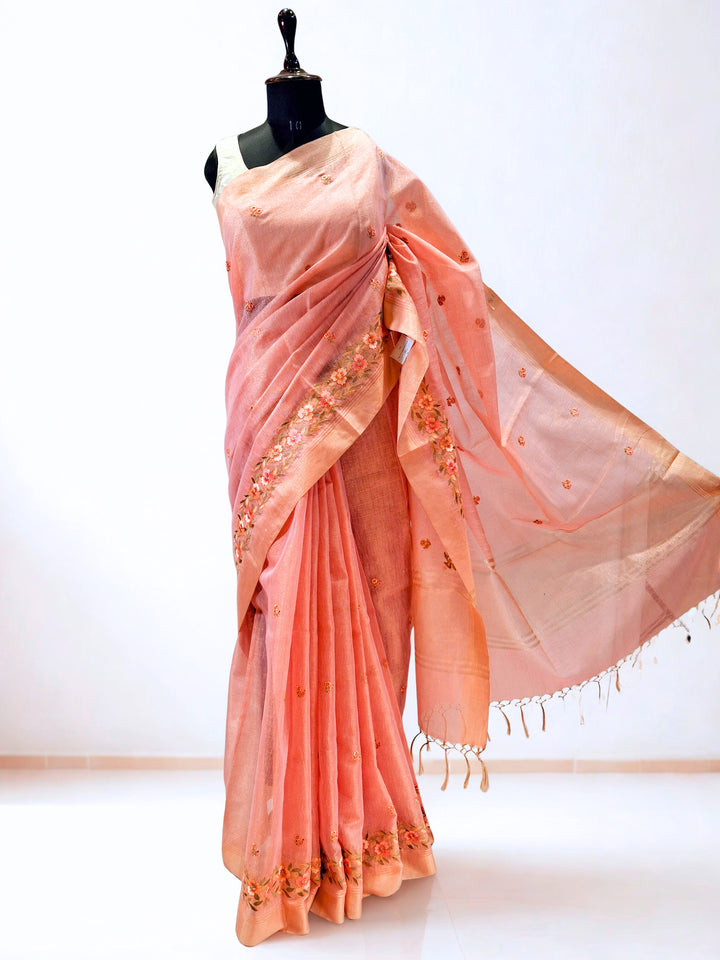 Peach pink kota doria saree