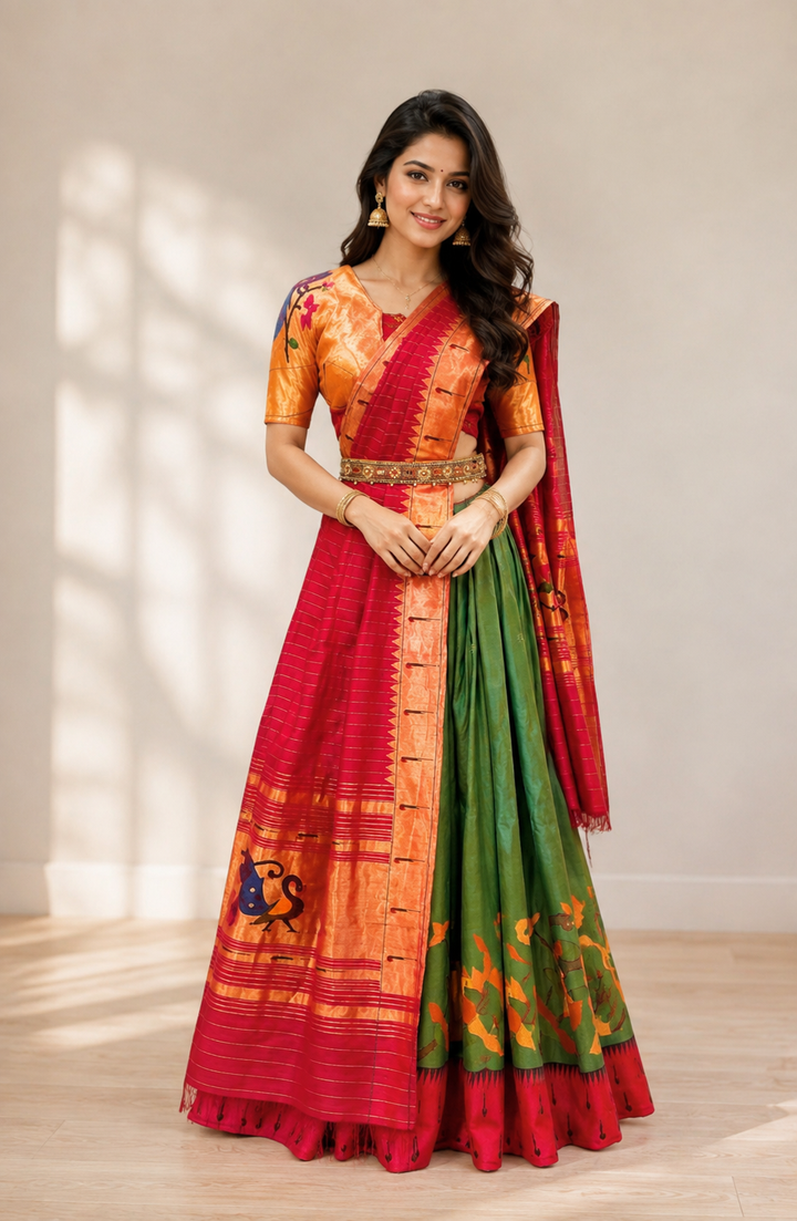 Parrot green silk paithani lehenga