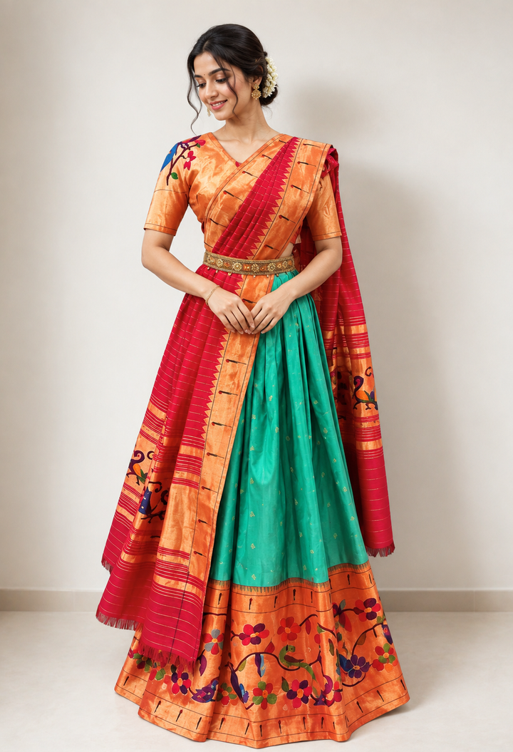 Sea Green Silk Paithani Lehenga