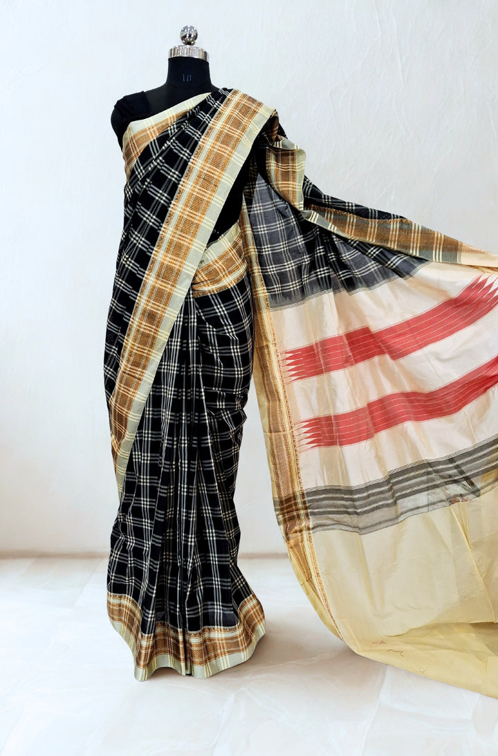 Black checks cotton saree