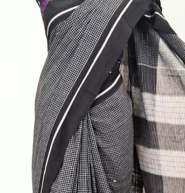 Black cotton checks saree with black contrast border