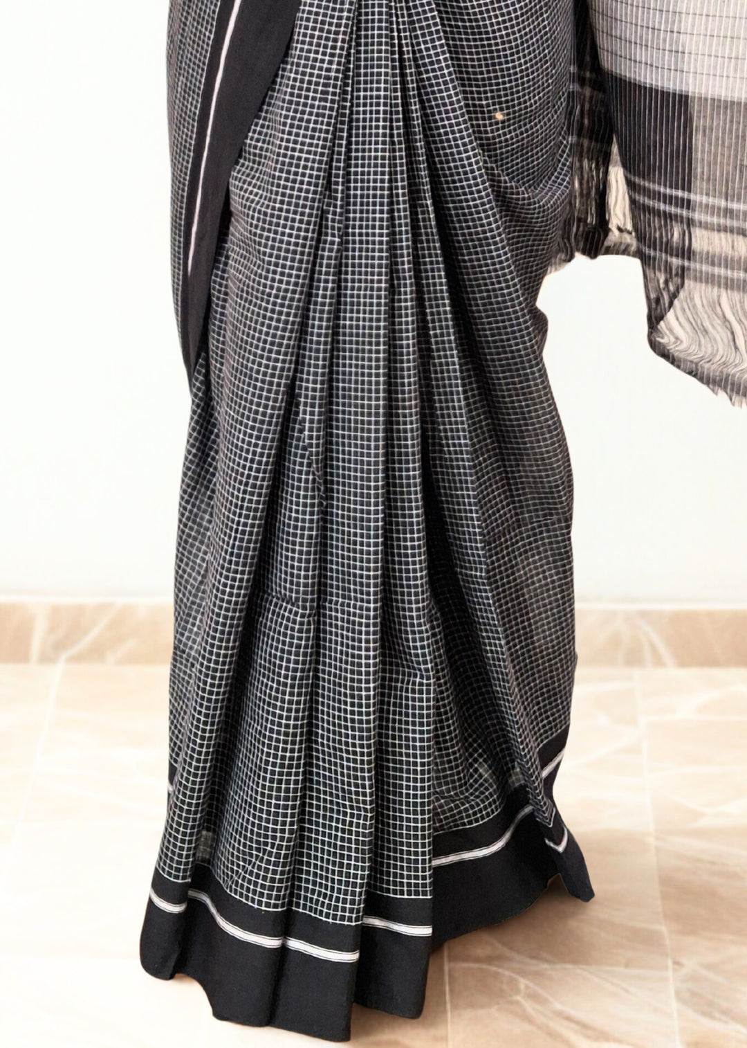 Black cotton checks saree with black contrast border