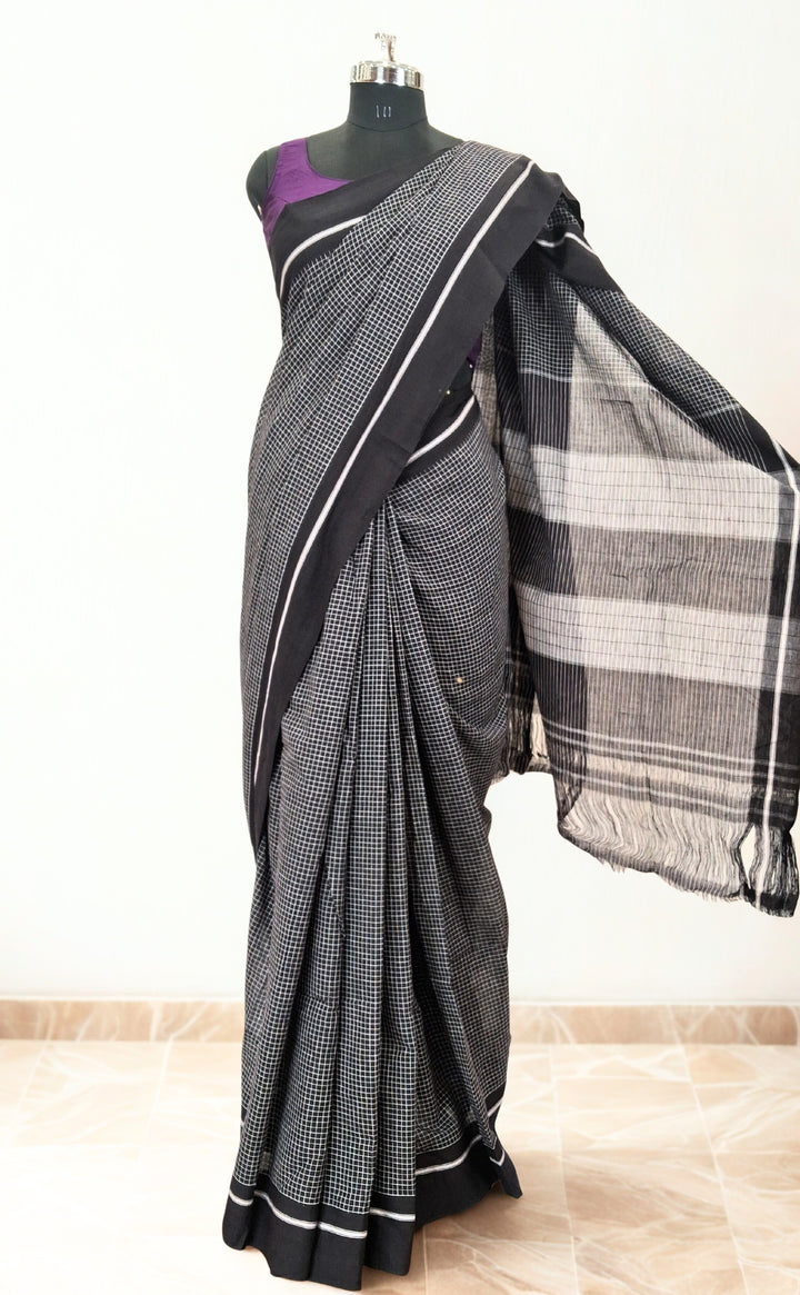 Black cotton checks saree with black contrast border