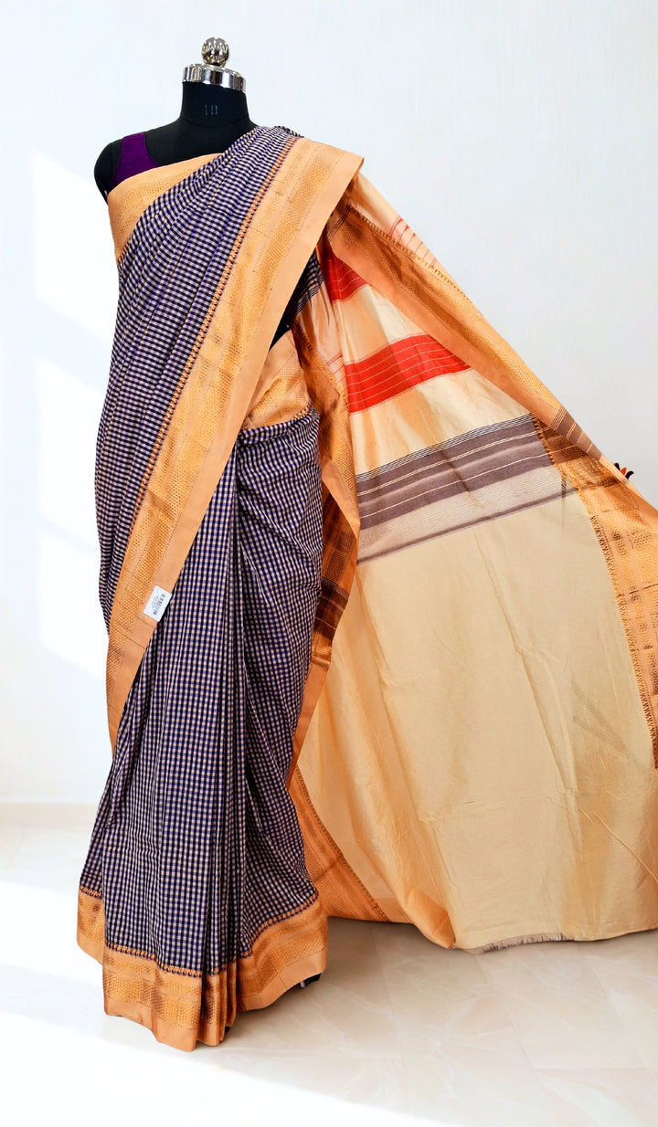 Blue checks cotton ilkal saree