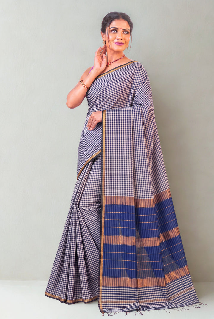 Blue checks maheshwari saree