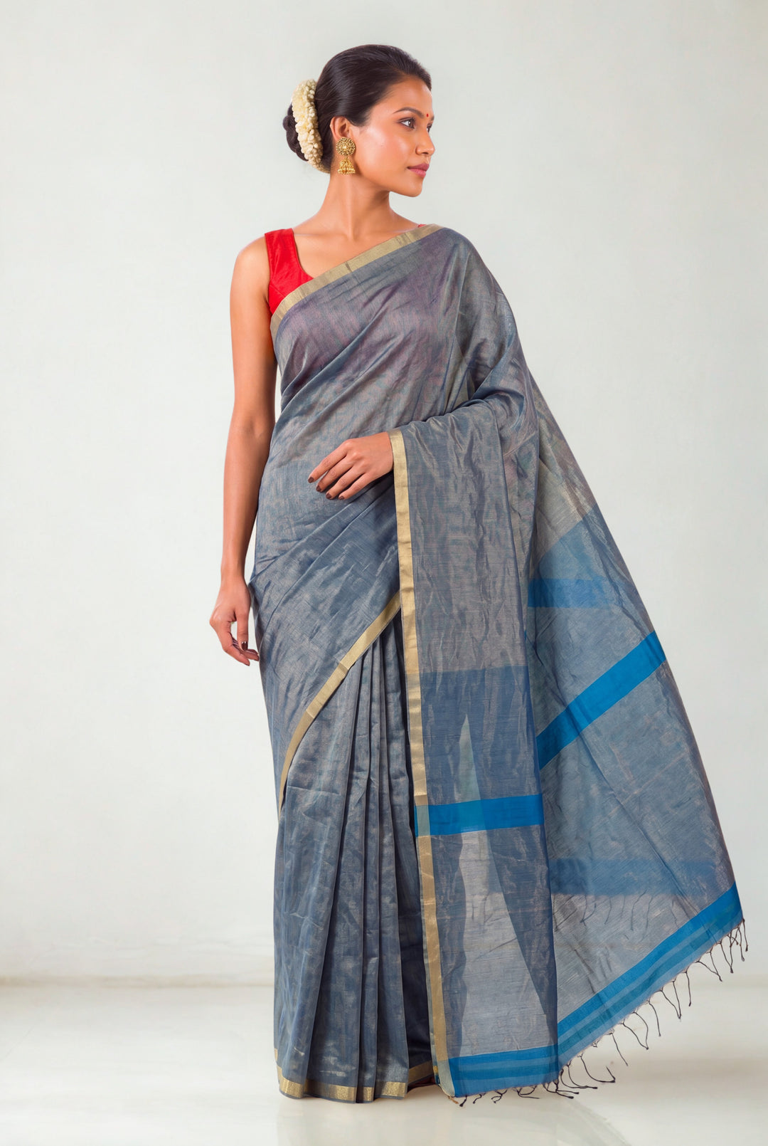Steal grey tissue maheshwari saree