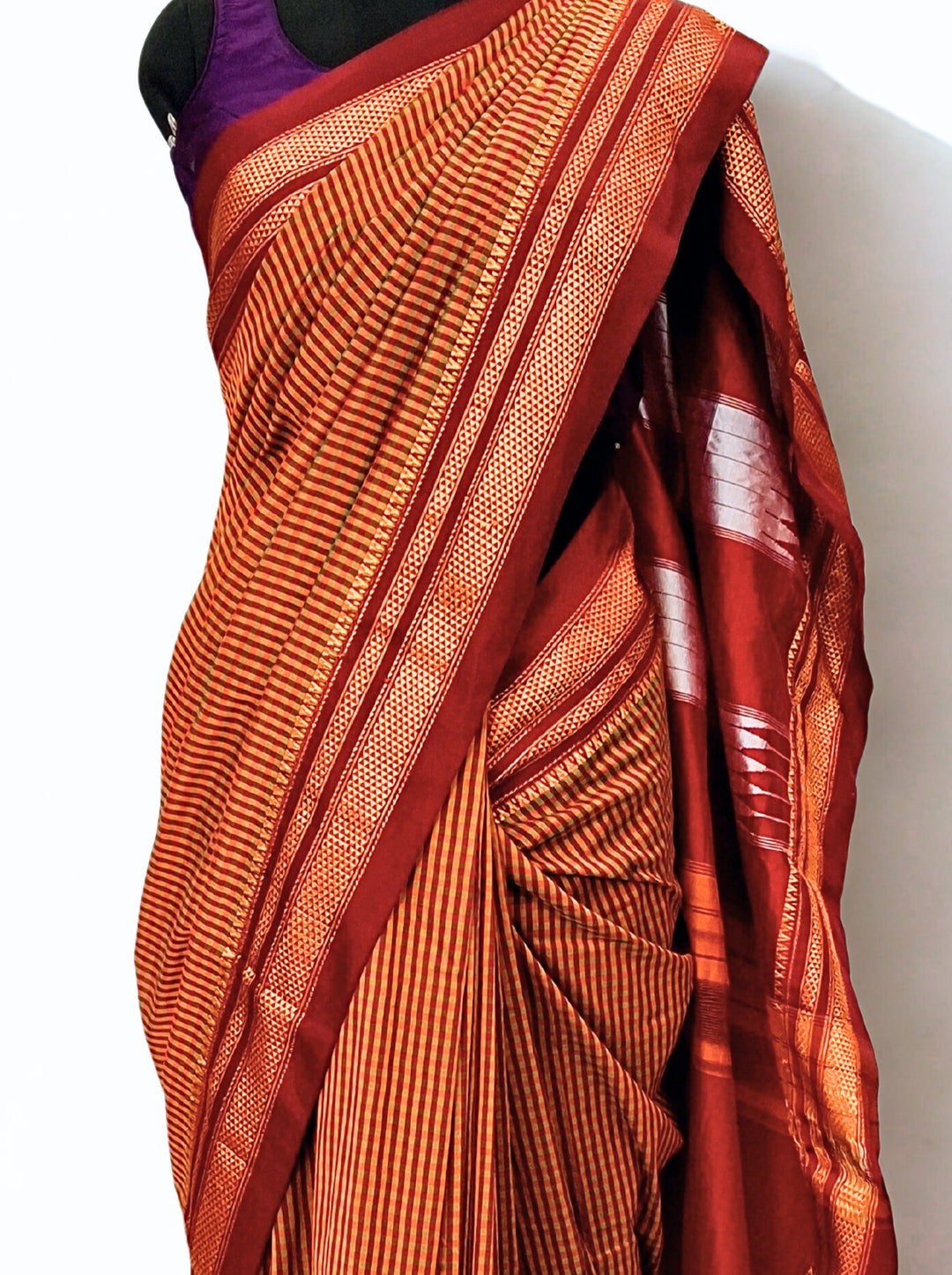 Moss green checks cotton saree
