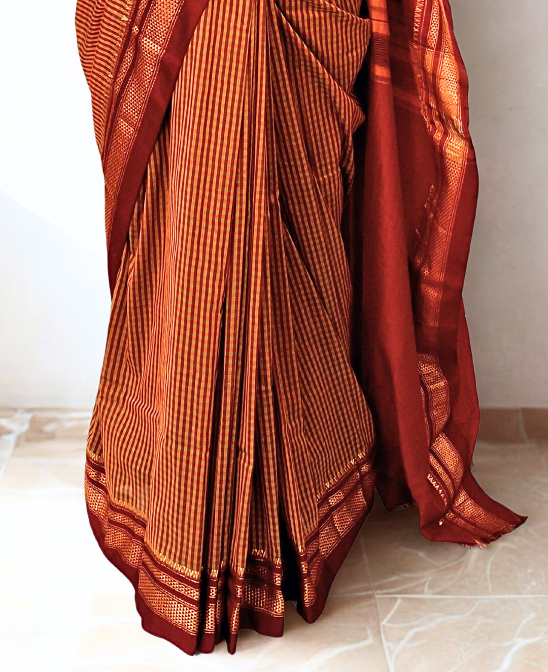 Moss green checks cotton saree