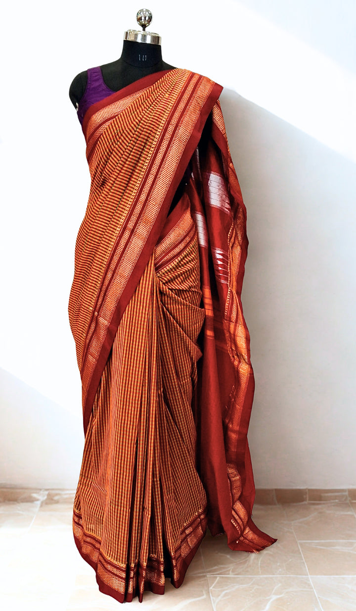 Moss green checks cotton saree