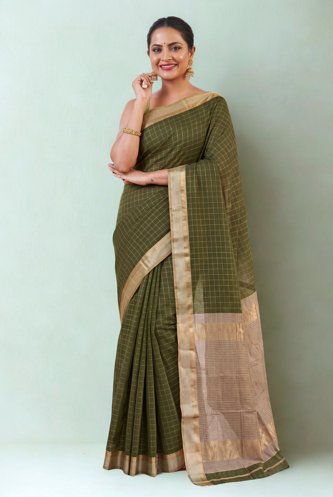 Olive green checks maheshwari saree