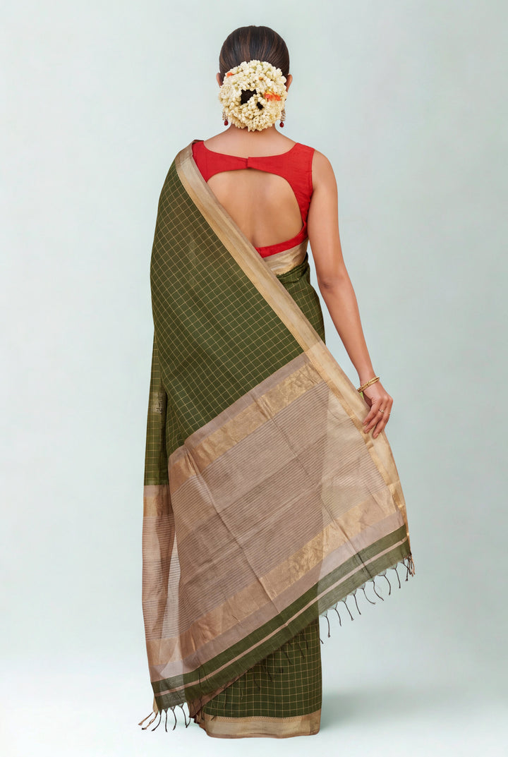 Olive green checks maheshwari saree