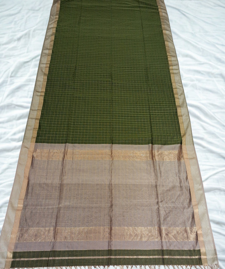 Olive green checks maheshwari saree