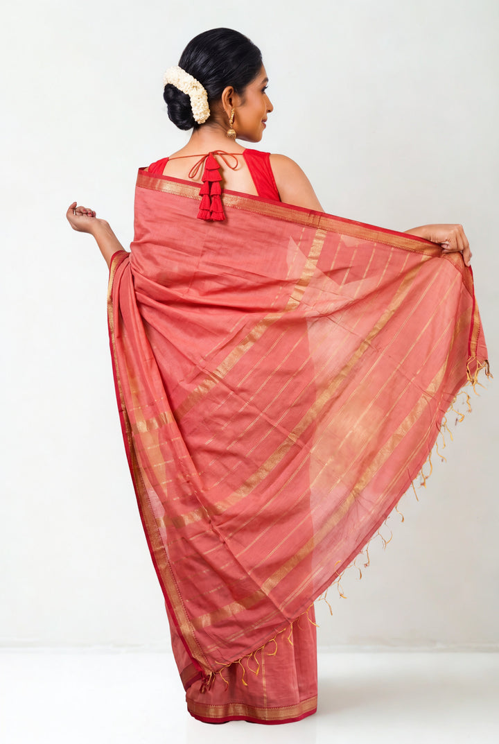 Salmon pink chatai border maheshwari saree