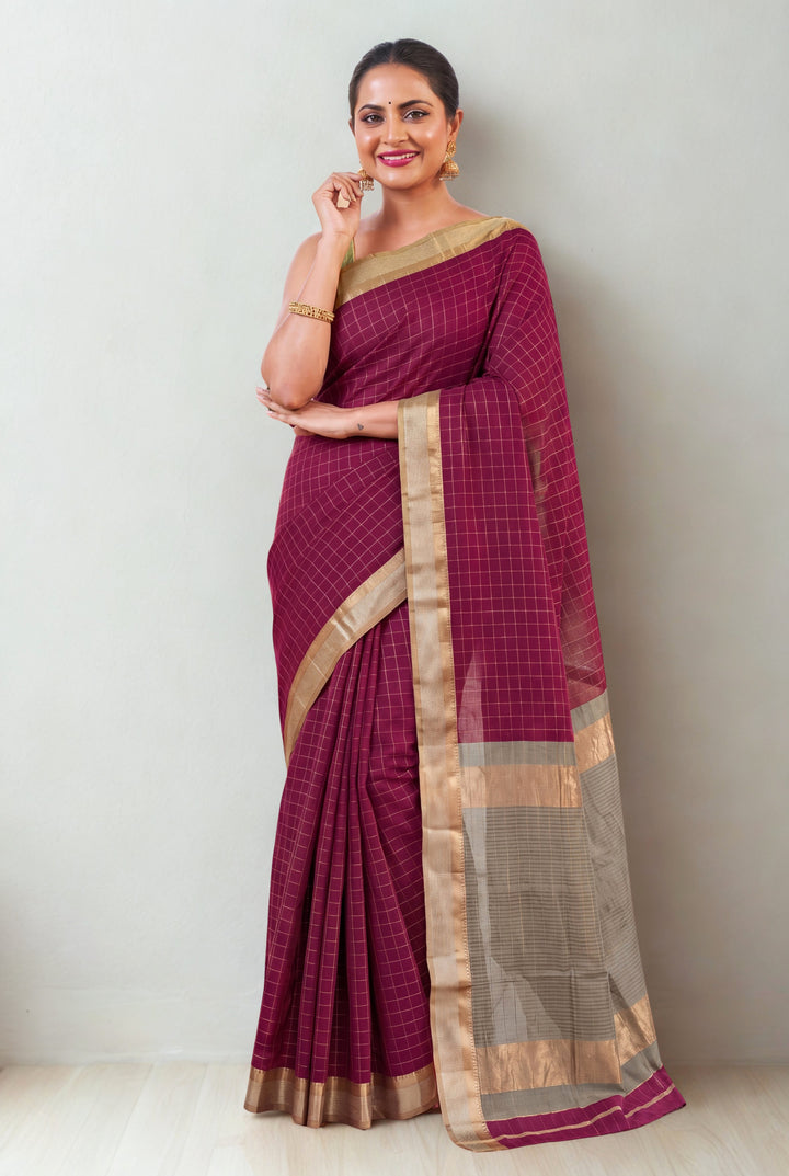 Wine checks maheshwari saree
