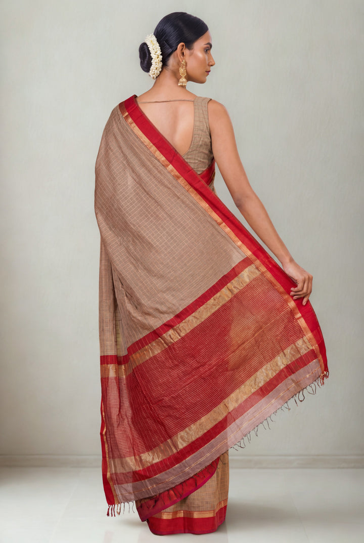 Muted Earthy Grey-Brown checks maheshwari saree