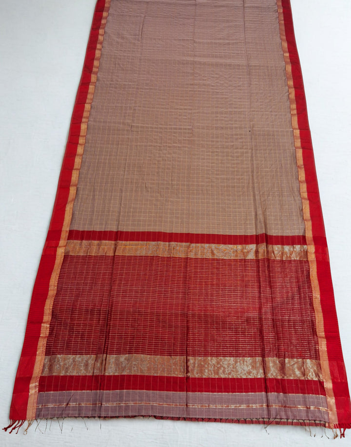 Muted Earthy Grey-Brown checks maheshwari saree