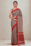 Muted Earthy Grey-Brown checks maheshwari saree