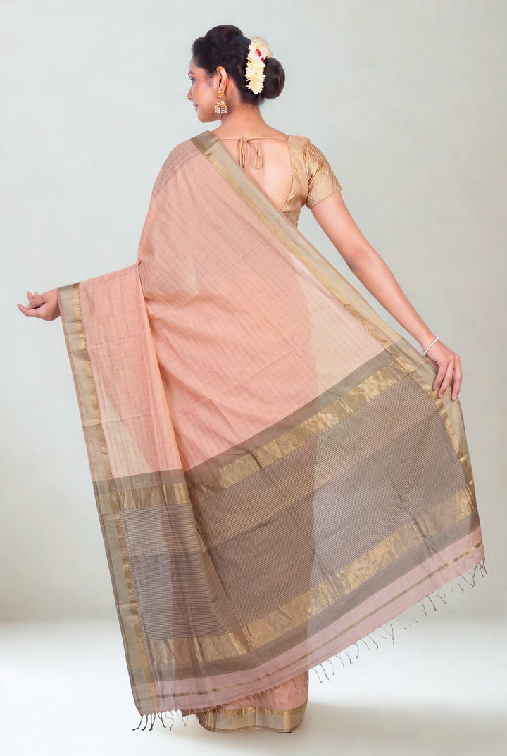 Peach checks maheshwari saree