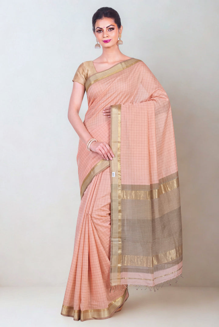 Peach checks maheshwari saree