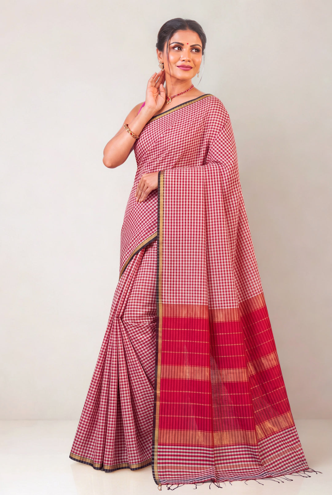 Red checks maheshwari saree