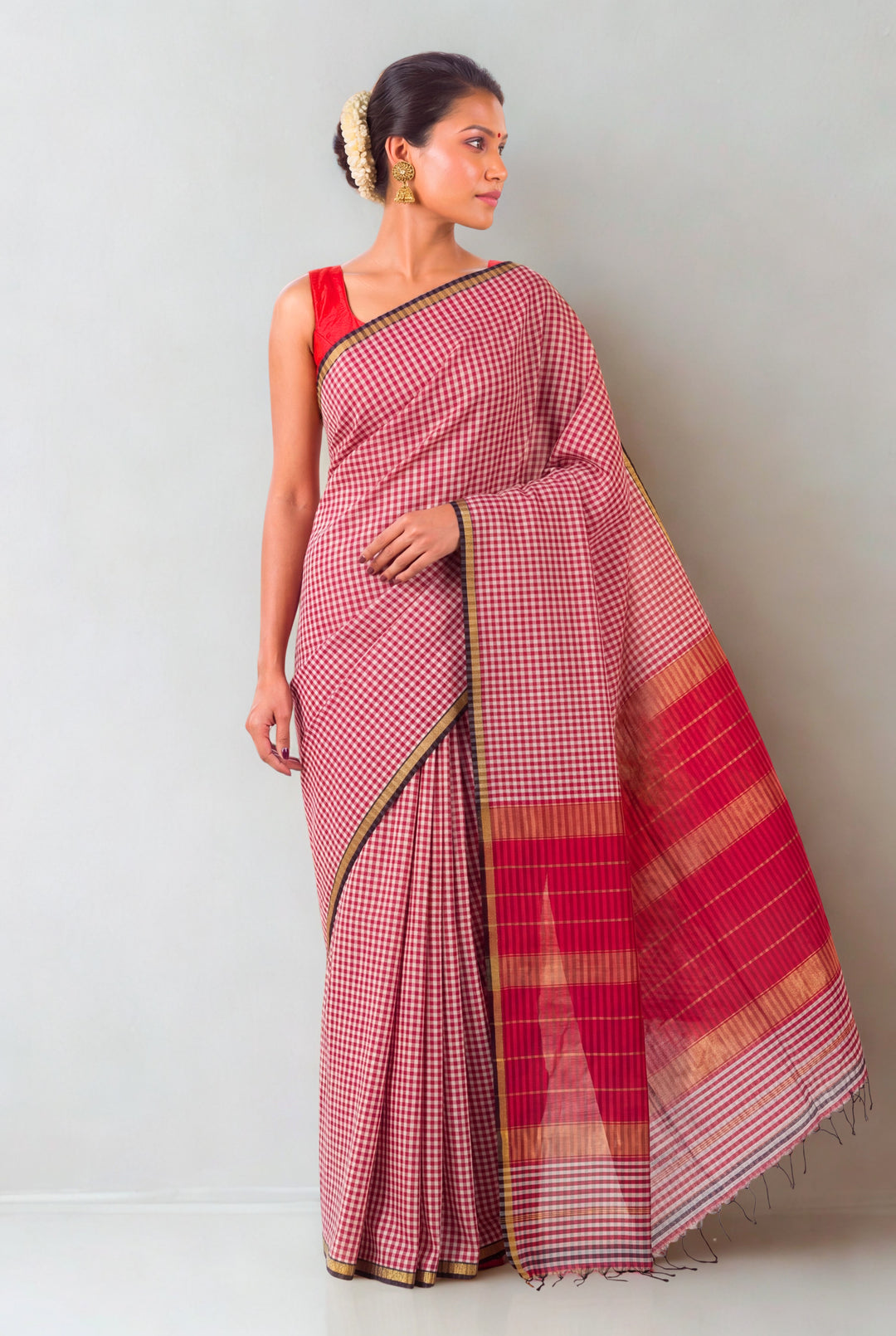 Red checks maheshwari saree