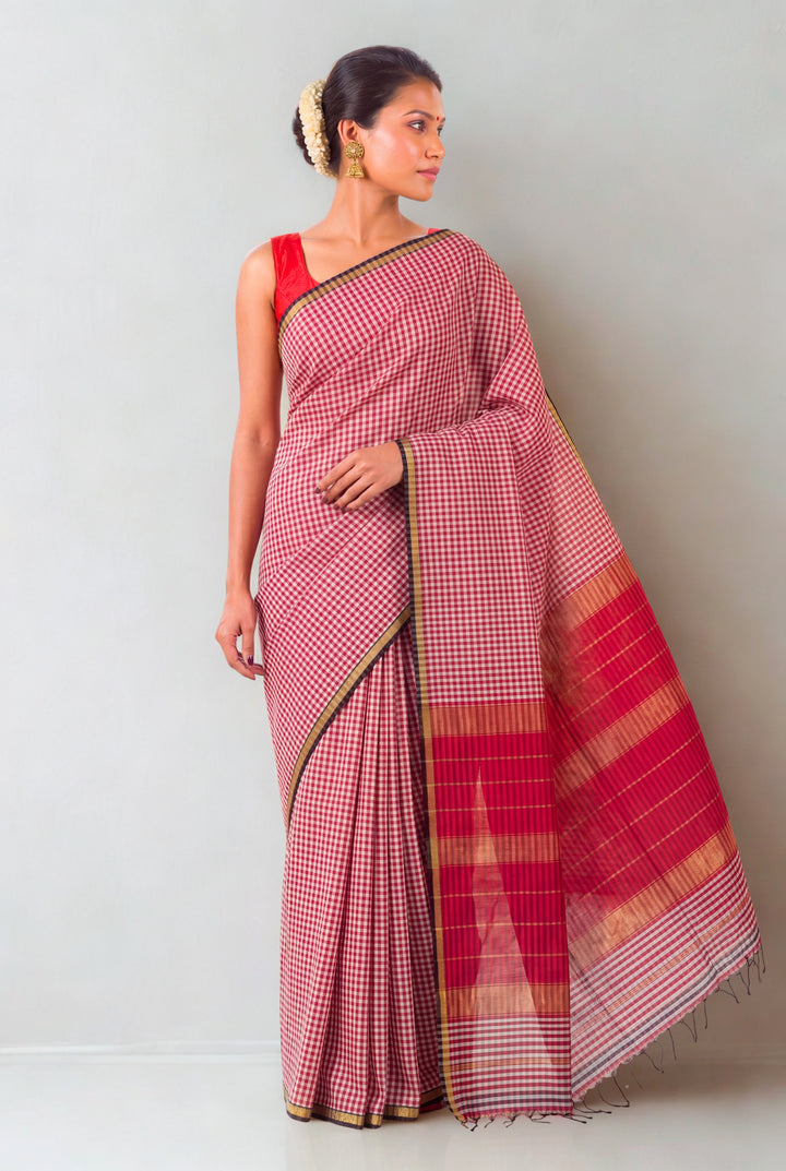 Red checks maheshwari saree