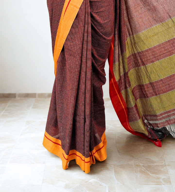 Maroon checks cotton ilkal saree
