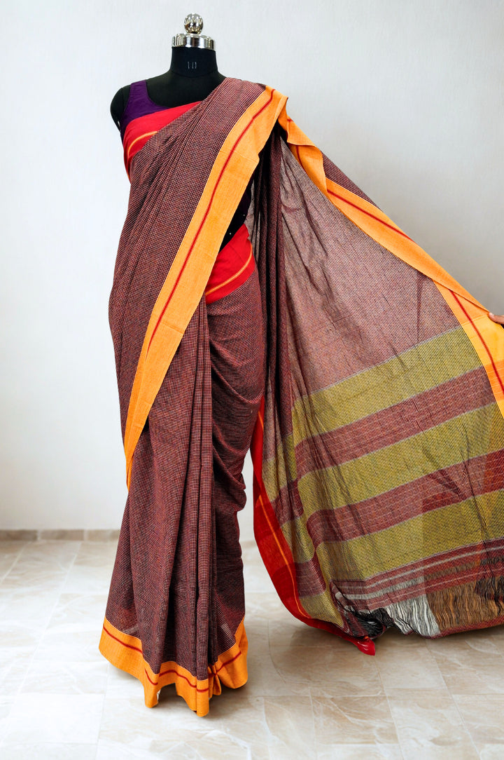 Maroon checks cotton ilkal saree