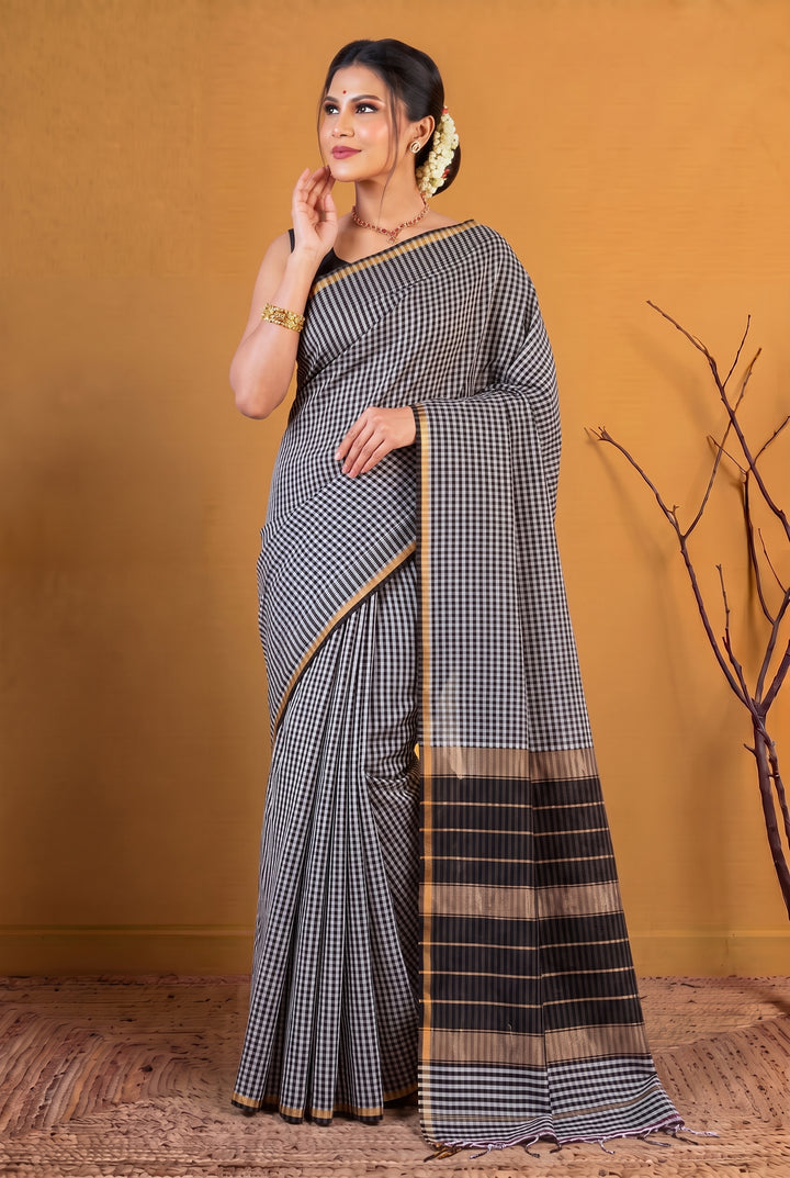 Black and White Checks Maheshwari Saree