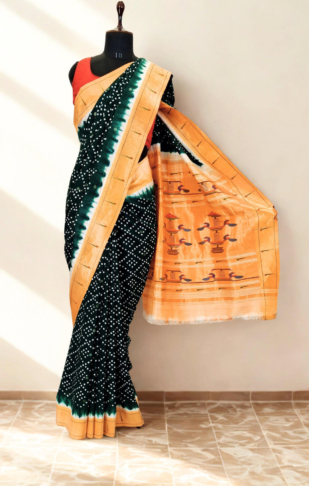 Bottle Green Bandhani Paithani