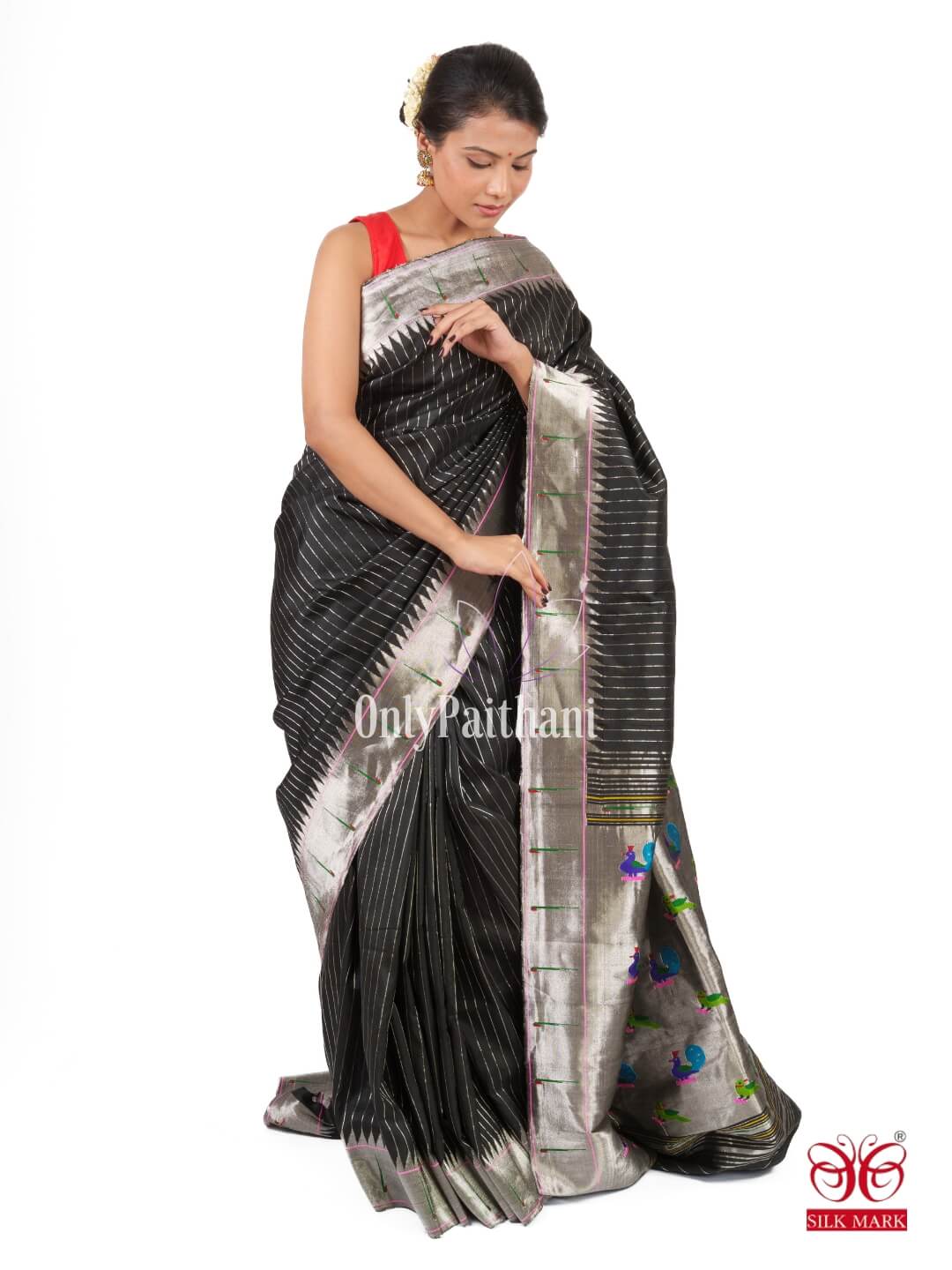 Black silver zari silk paithani saree