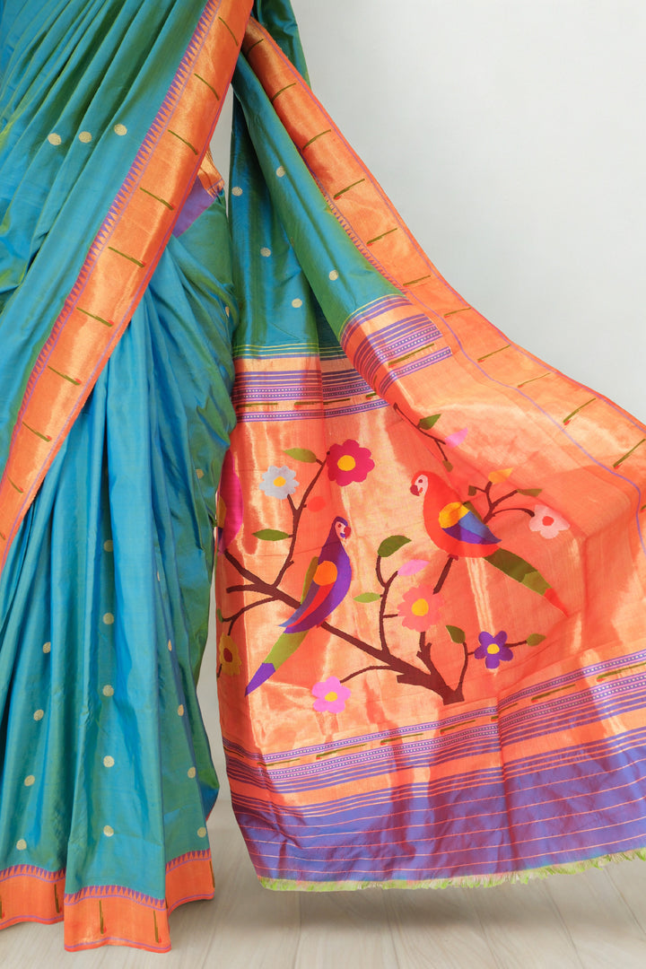 Peacock blue single muniya silk paithani saree