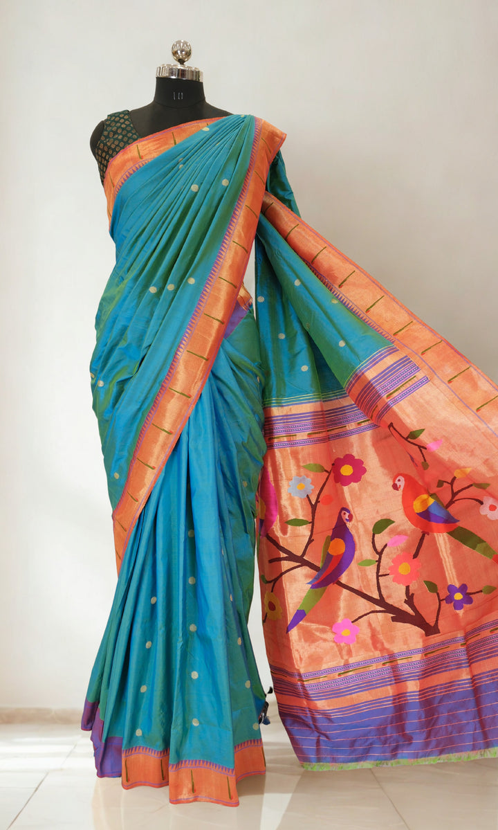 Peacock blue single muniya silk paithani saree