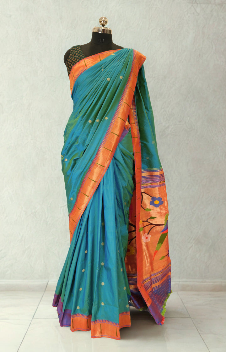 Peacock blue single muniya silk paithani saree
