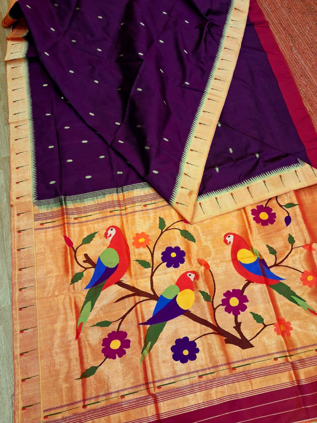 Aubergine Silk Paithani with Zari Muniya Border