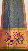 Metallic ink blue muniya rich pallu silk paithani saree