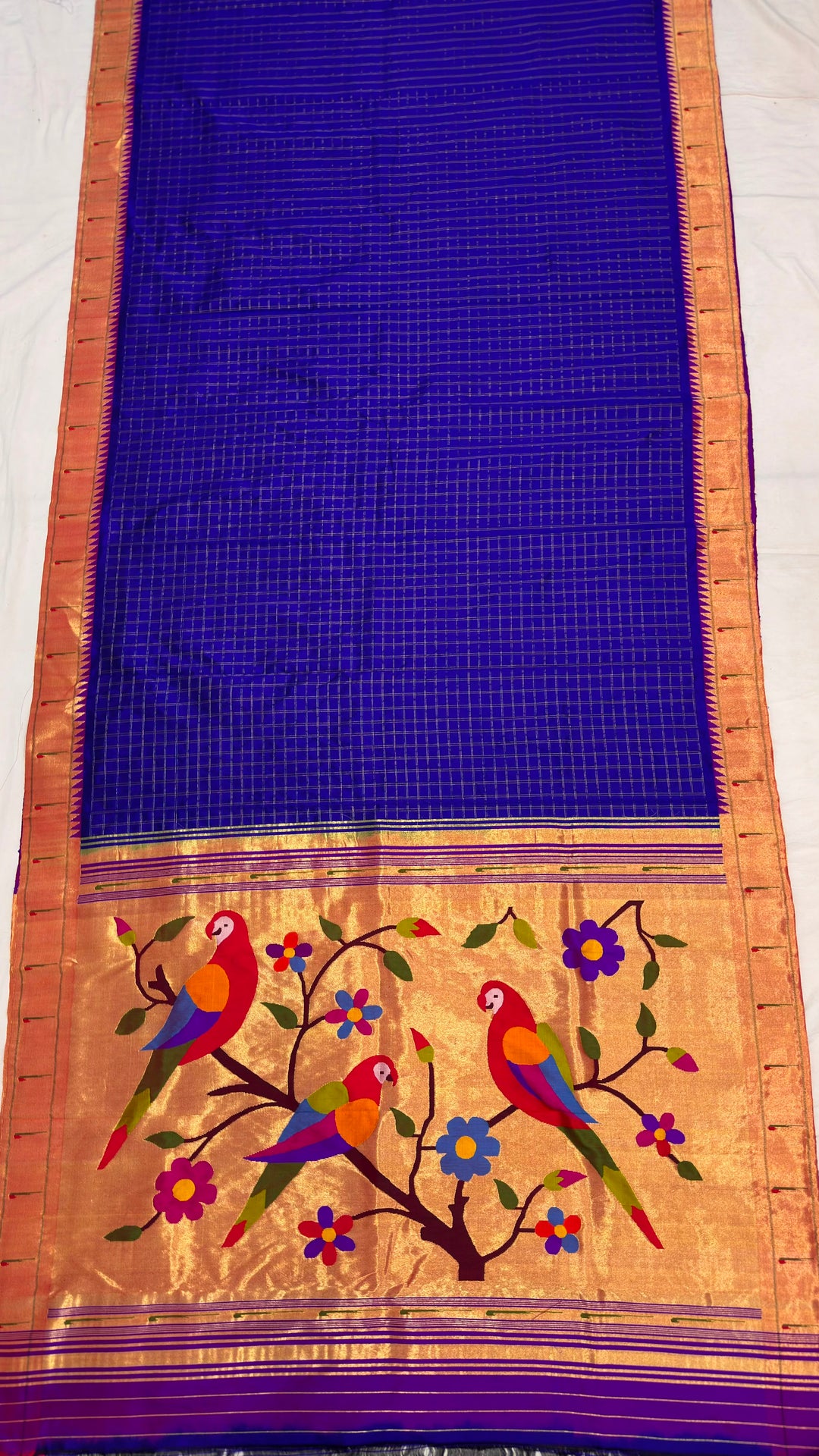Navy blue checks single muniya silk paithani saree
