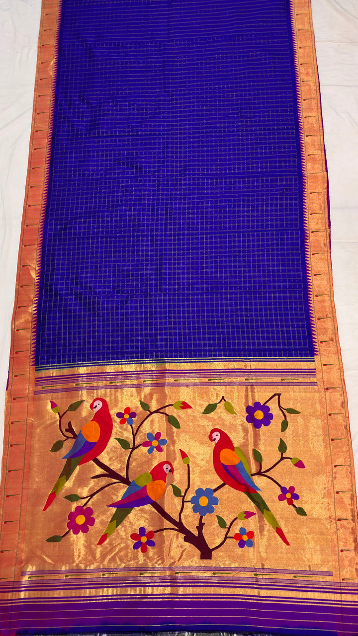 Navy Blue Checks Single Muniya Silk Paithani Saree