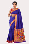 Navy Blue Checks Single Muniya Silk Paithani Saree