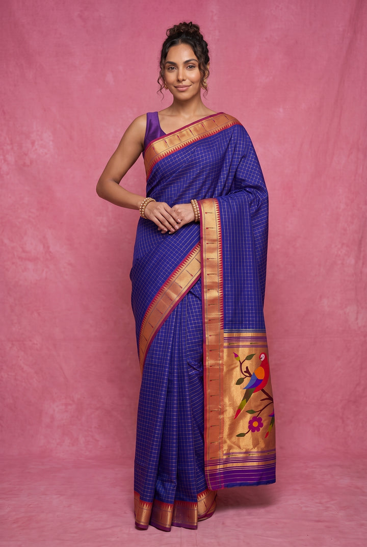 Navy Blue Checks Single Muniya Silk Paithani Saree