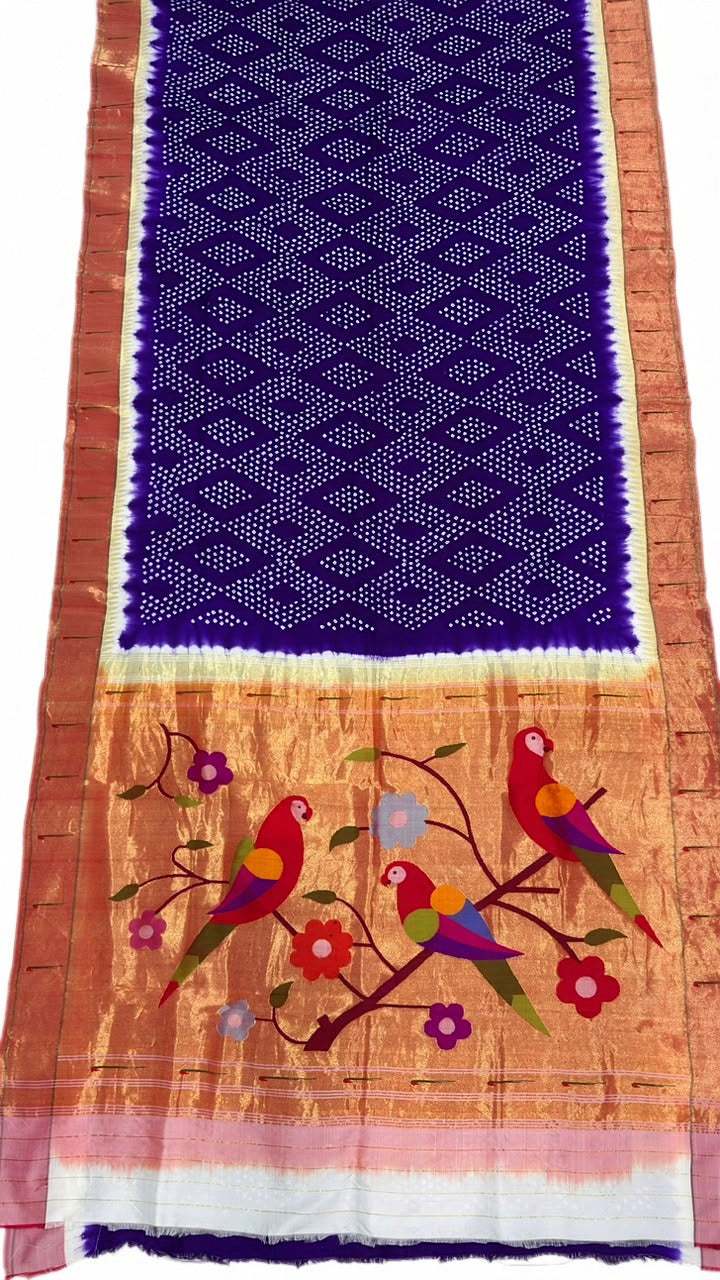 Navy blue bandhani paithani silk saree with rich pallu
