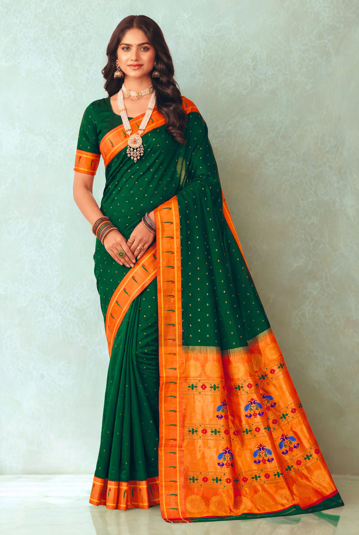 Bottle green muniya silk paithani saree
